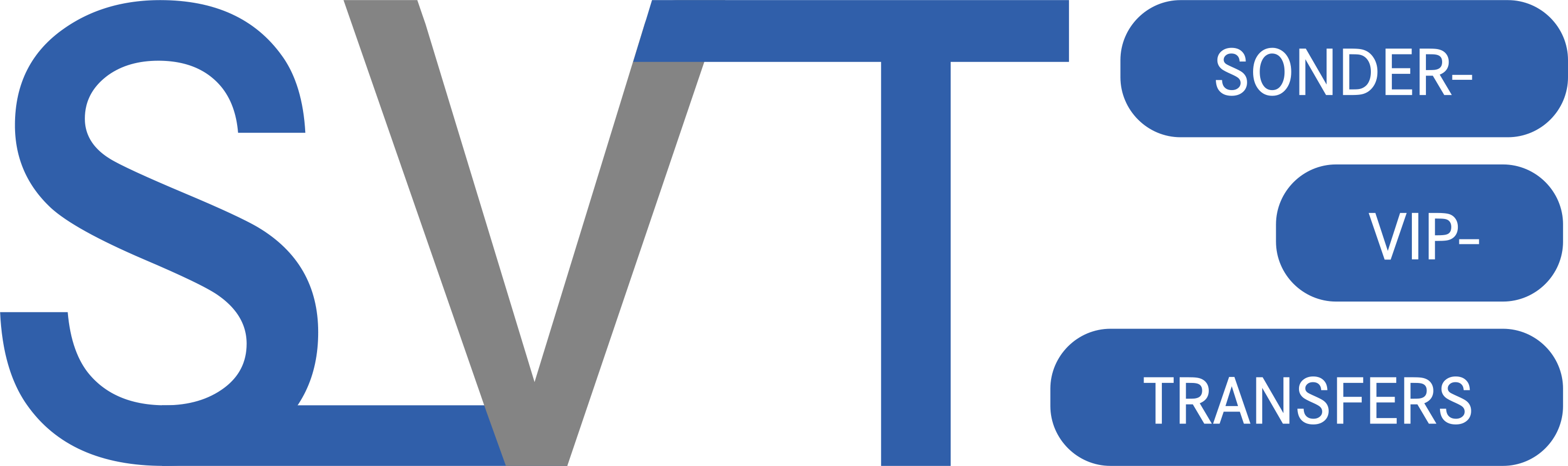 Man sieht die Buchstaben SVT und daneben die Begriffe Sonder-, VIP-, Transfers in weißer Schrift auf blauem Hintergrund. Die Buchstaben S und T sind auch blau dargestellt, der Buchstabe V ist in grau gehalten.