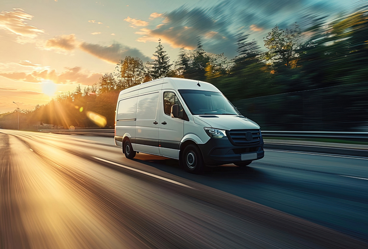 SVT - Transferfahrten - Modern delivery shipment cargo courier van moving fast on motorw